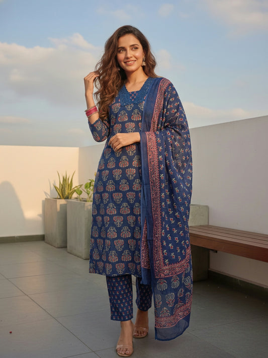 Ethnic Printed Straight Kurta with Pant & Dupatta - Navy Blue