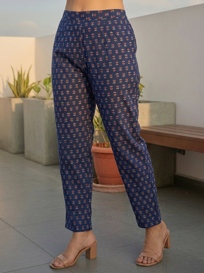 Ethnic Printed Straight Kurta with Pant & Dupatta - Navy Blue