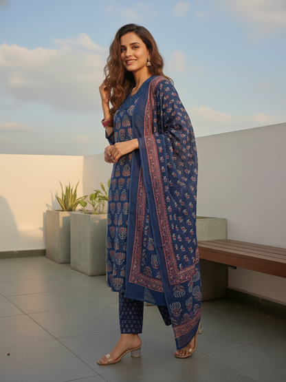 Ethnic Printed Straight Kurta with Pant & Dupatta - Navy Blue