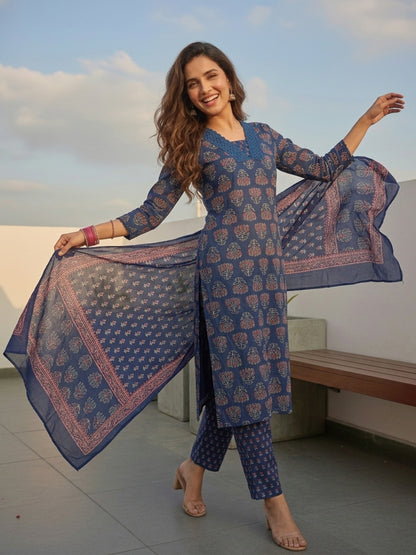 Ethnic Printed Straight Kurta with Pant & Dupatta - Navy Blue