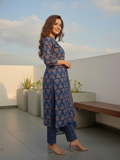 Ethnic Printed Straight Kurta with Pant & Dupatta - Navy Blue