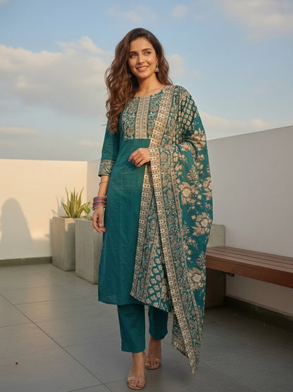 Floral Printed Embroidered Straight Kurta with Pant and Dupatta - Teal Green