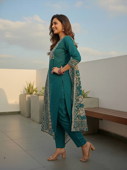 Floral Printed Embroidered Straight Kurta with Pant and Dupatta - Teal Green