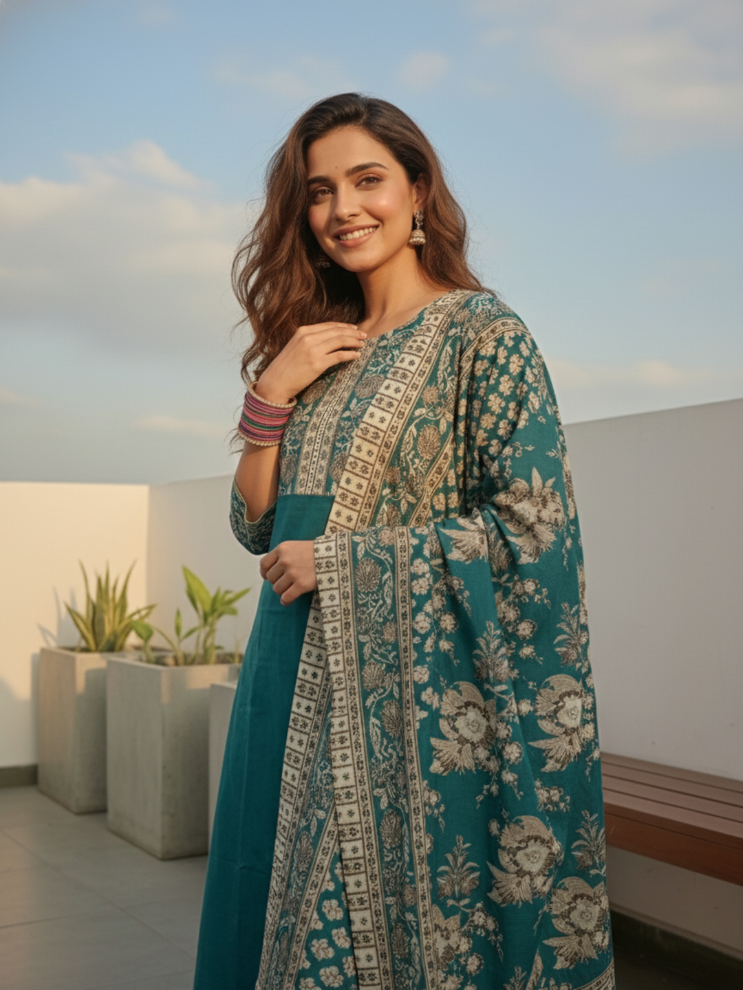 Floral Printed Embroidered Straight Kurta with Pant and Dupatta - Teal Green