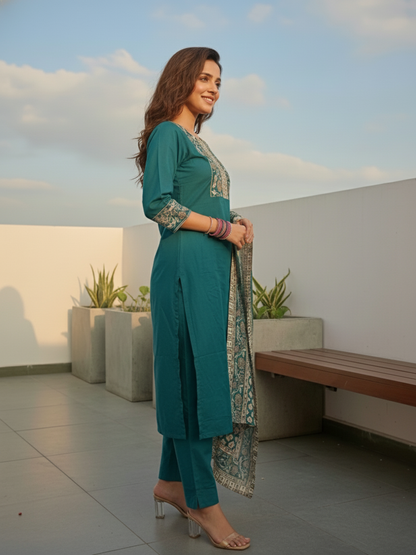 Floral Printed Embroidered Straight Kurta with Pant and Dupatta - Teal Green