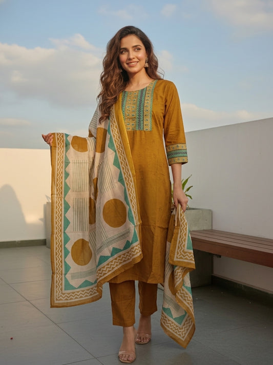 Ethnic Solid Embroidered Kurta with Pant & Printed Dupatta - Mustard