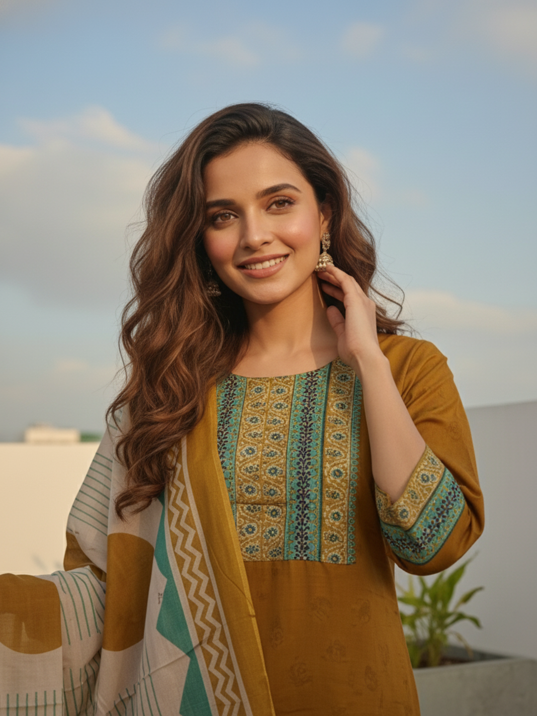 Ethnic Solid Embroidered Kurta with Pant & Printed Dupatta - Mustard