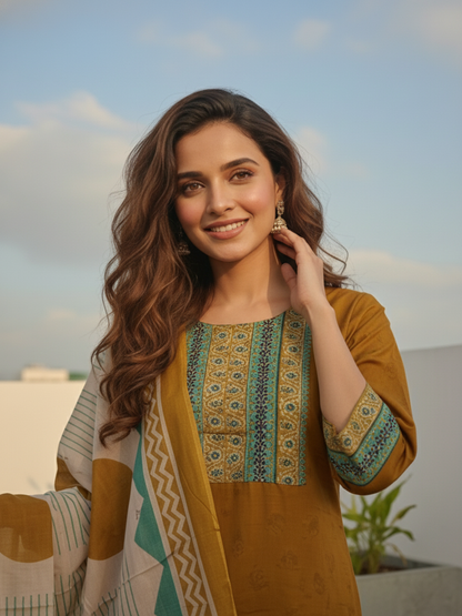 Ethnic Solid Embroidered Kurta with Pant & Printed Dupatta - Mustard