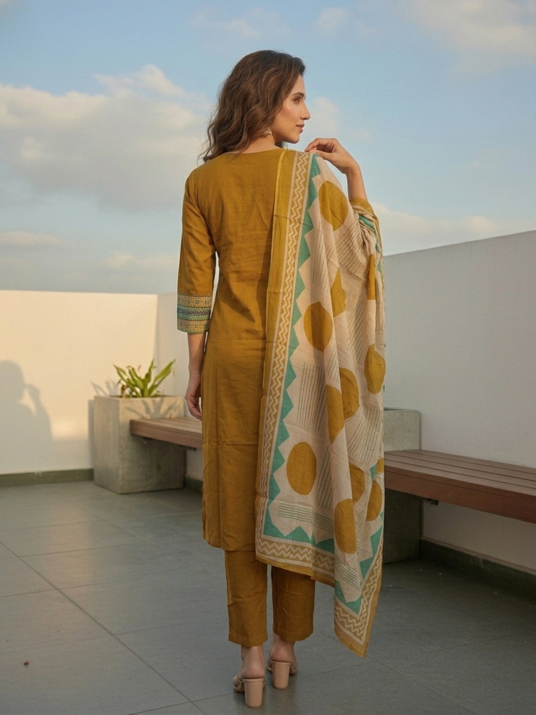 Ethnic Solid Embroidered Kurta with Pant & Printed Dupatta - Mustard