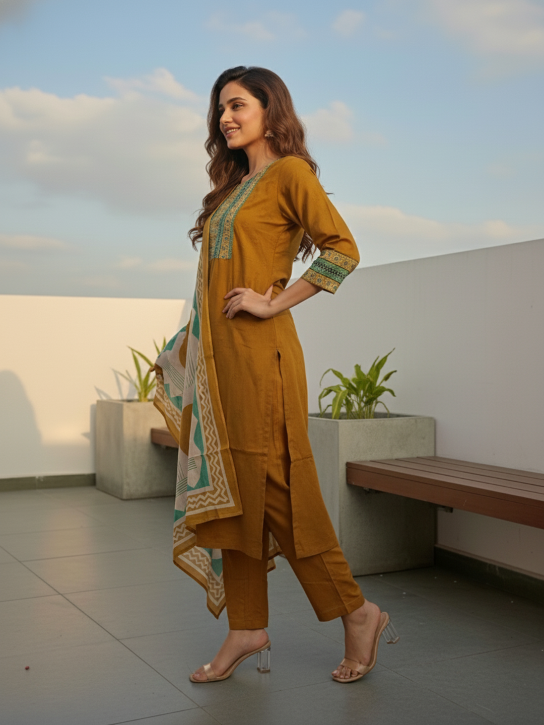 Ethnic Solid Embroidered Kurta with Pant & Printed Dupatta - Mustard