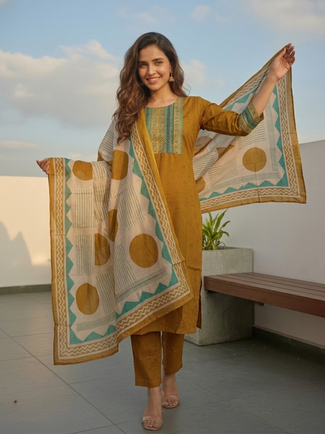 Ethnic Solid Embroidered Kurta with Pant & Printed Dupatta - Mustard