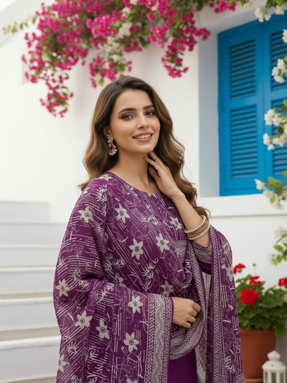 Floral Printed Embroidered Straight Kurta with Pant and Dupatta - Deep Purple