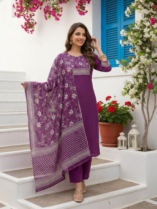 Floral Printed Embroidered Straight Kurta with Pant and Dupatta - Deep Purple