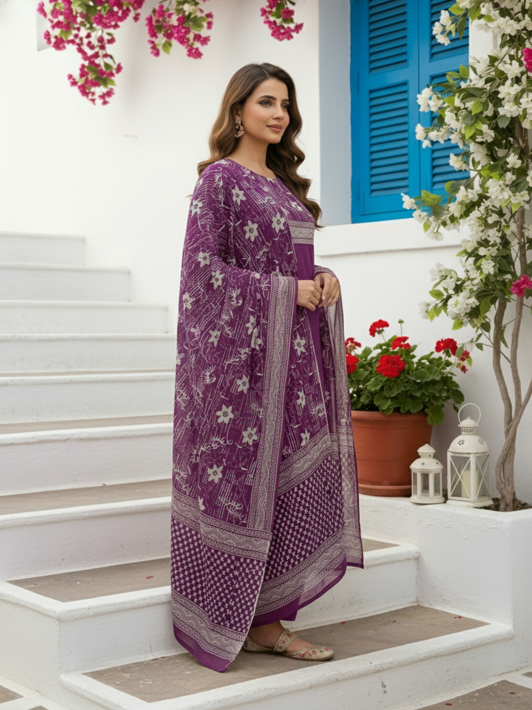 Floral Printed Embroidered Straight Kurta with Pant and Dupatta - Deep Purple