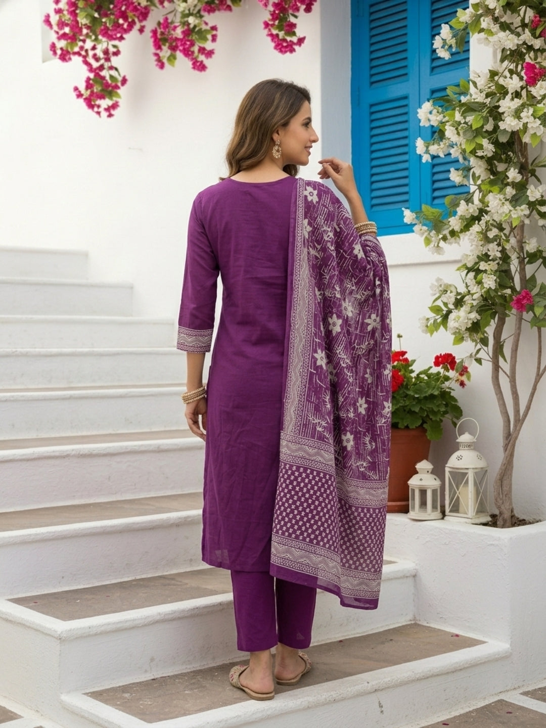 Floral Printed Embroidered Straight Kurta with Pant and Dupatta - Deep Purple
