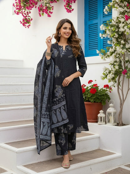 Floral Printed Embroidered Anarkali with Pant & Dupatta - Black