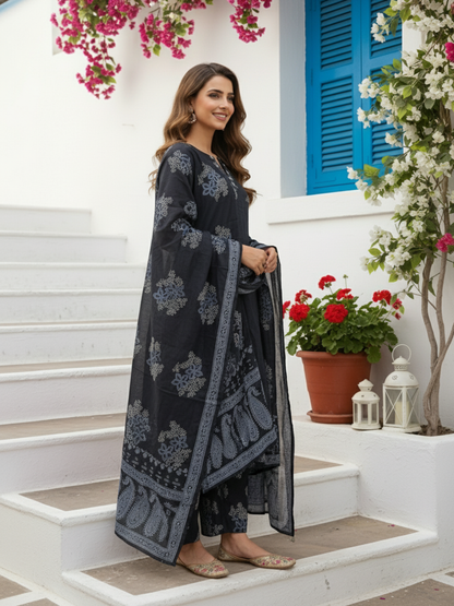 Floral Printed Embroidered Anarkali with Pant & Dupatta - Black