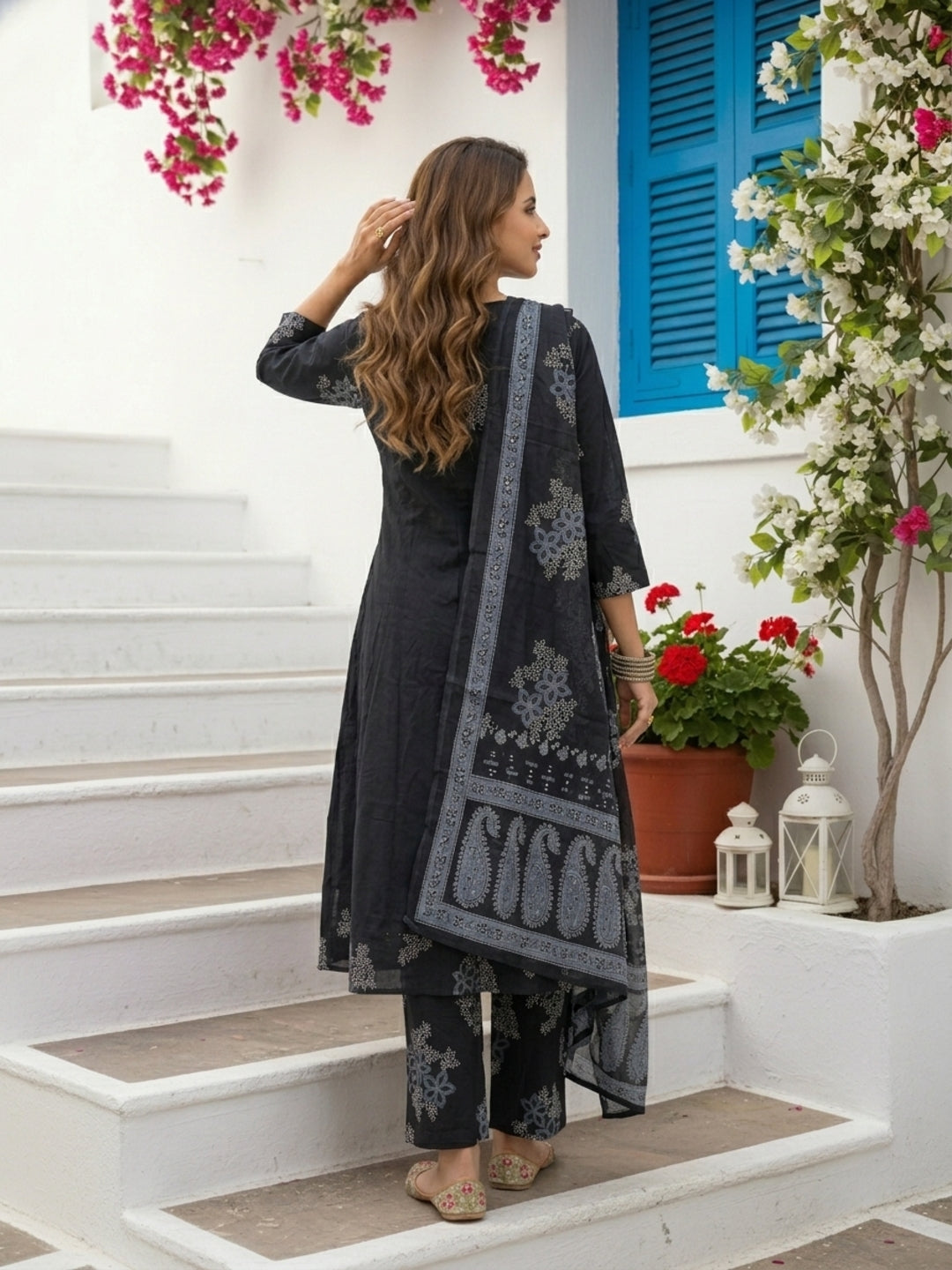 Floral Printed Embroidered Anarkali with Pant & Dupatta - Black