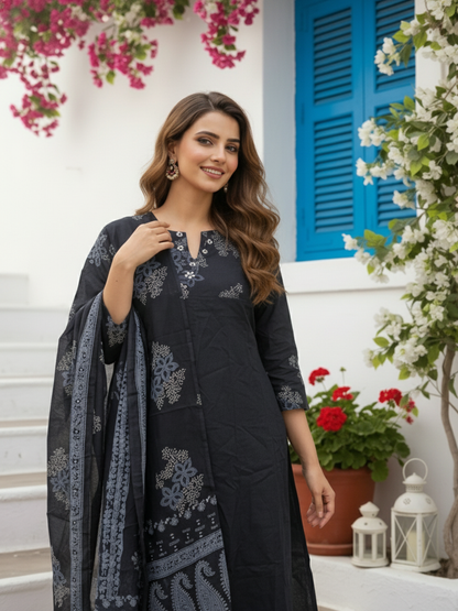 Floral Printed Embroidered Anarkali with Pant & Dupatta - Black