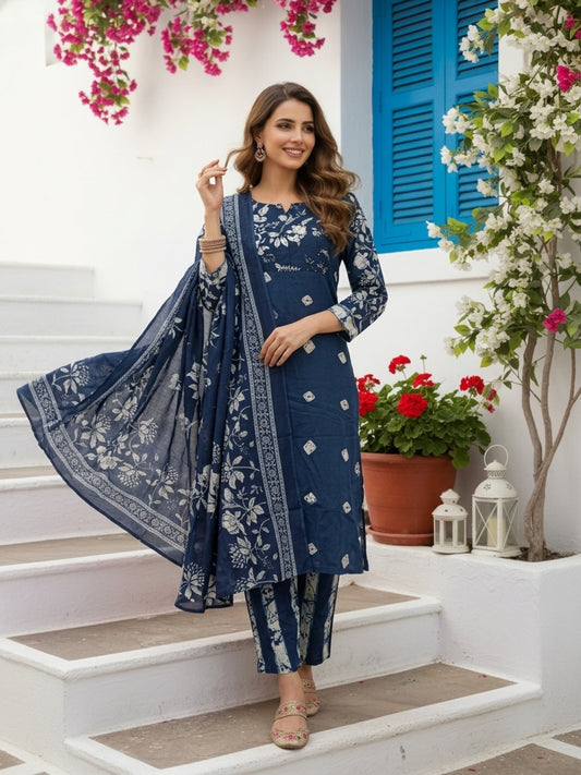 Floral Printed Embroidered Straight Kurta with Pant and Dupatta - Blue