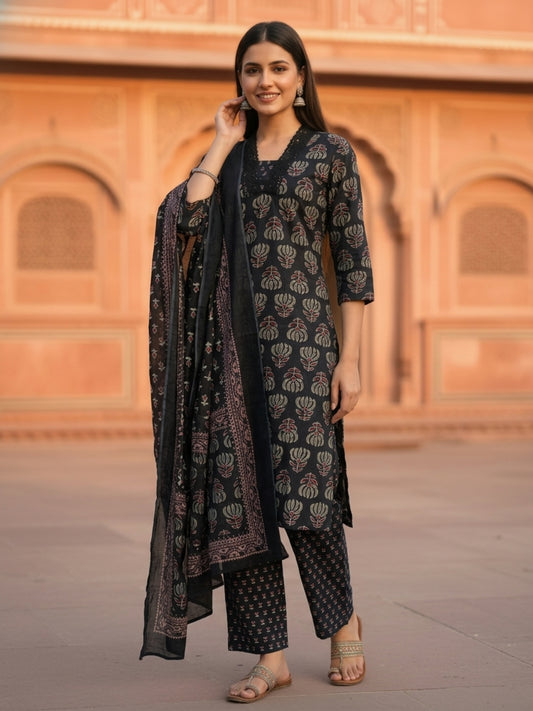 Ethnic Printed Straight Kurta with Pant & Dupatta - Black