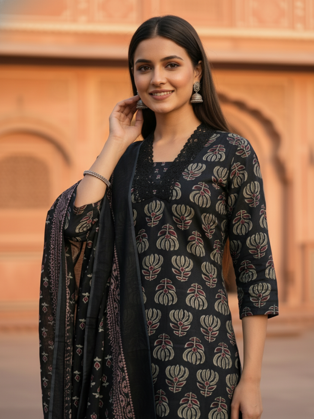 Ethnic Printed Straight Kurta with Pant & Dupatta - Black