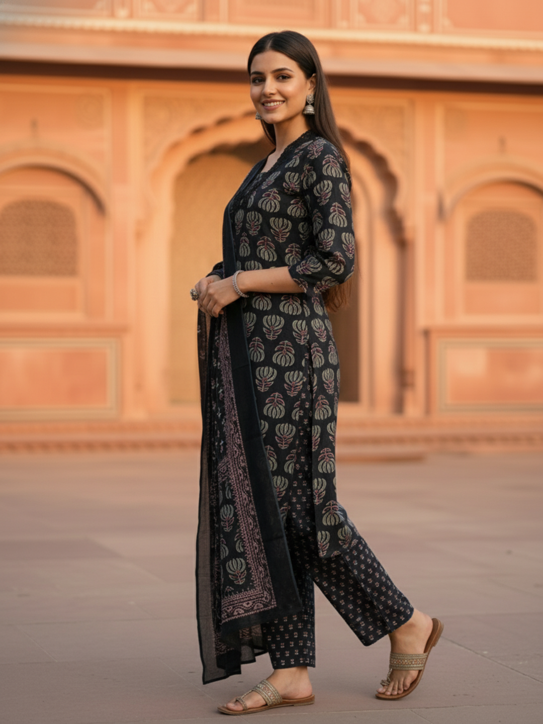 Ethnic Printed Straight Kurta with Pant & Dupatta - Black