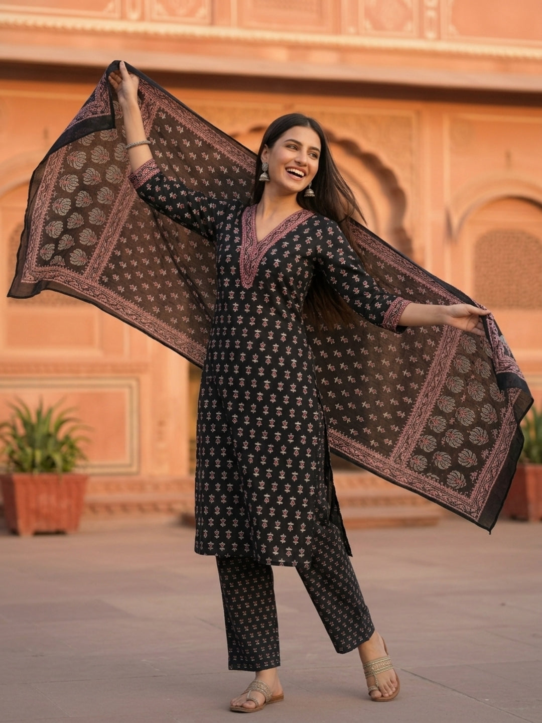 Ethnic Printed Straight Kurta with Pant & Dupatta - Black