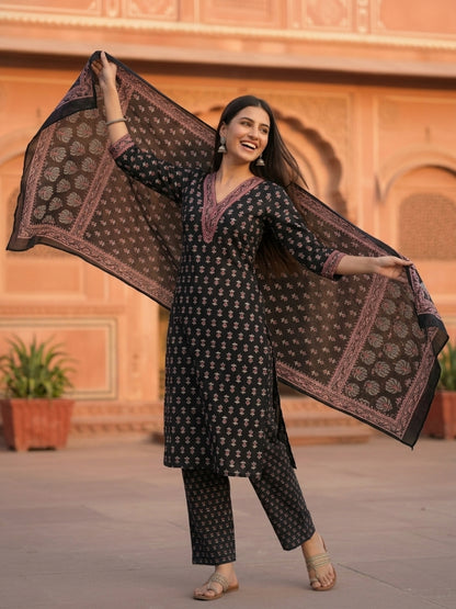Ethnic Printed Straight Kurta with Pant & Dupatta - Black