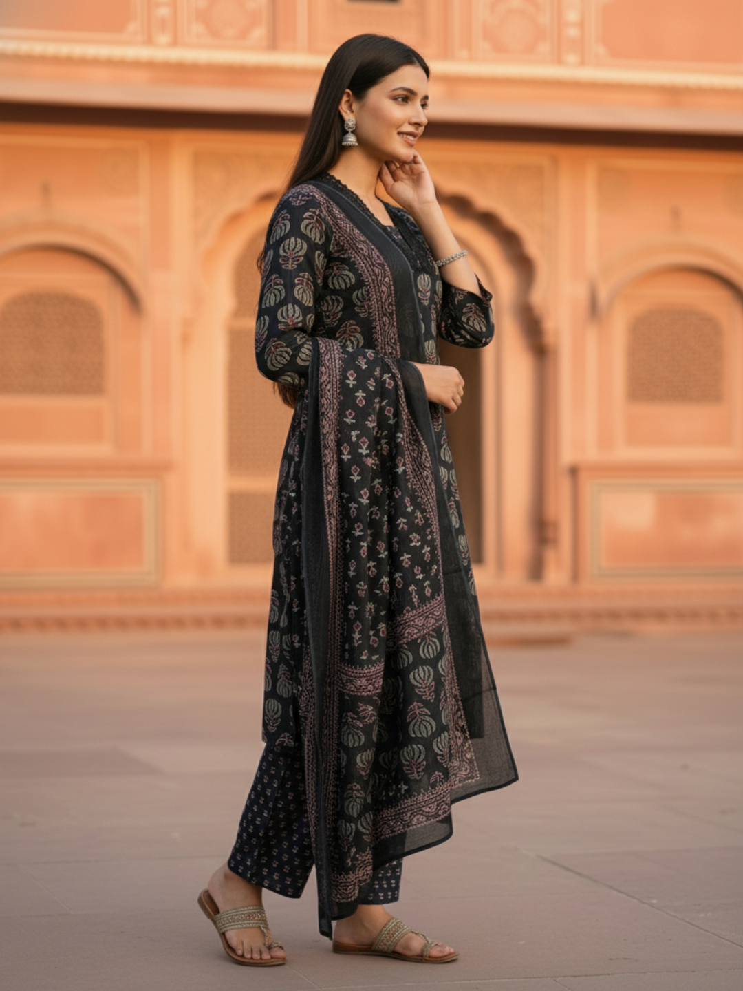 Ethnic Printed Straight Kurta with Pant & Dupatta - Black