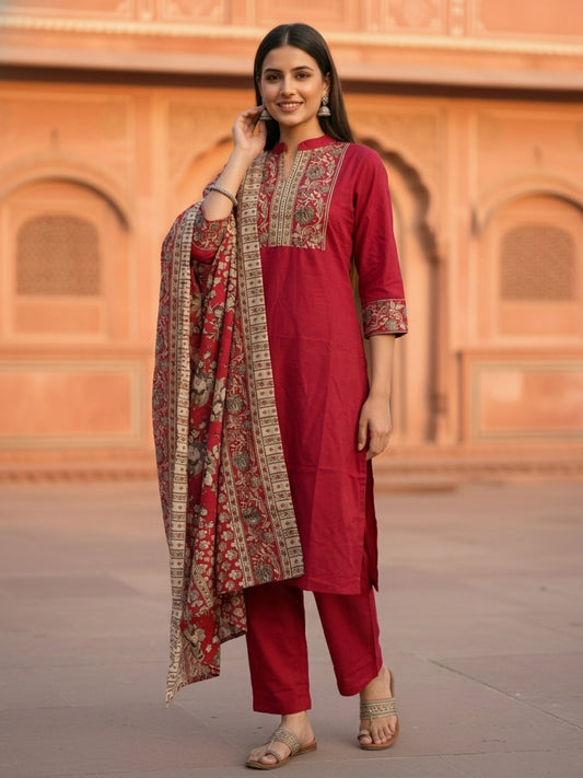 Floral Printed Embroidered Straight Kurta with Pant and Dupatta - Rani