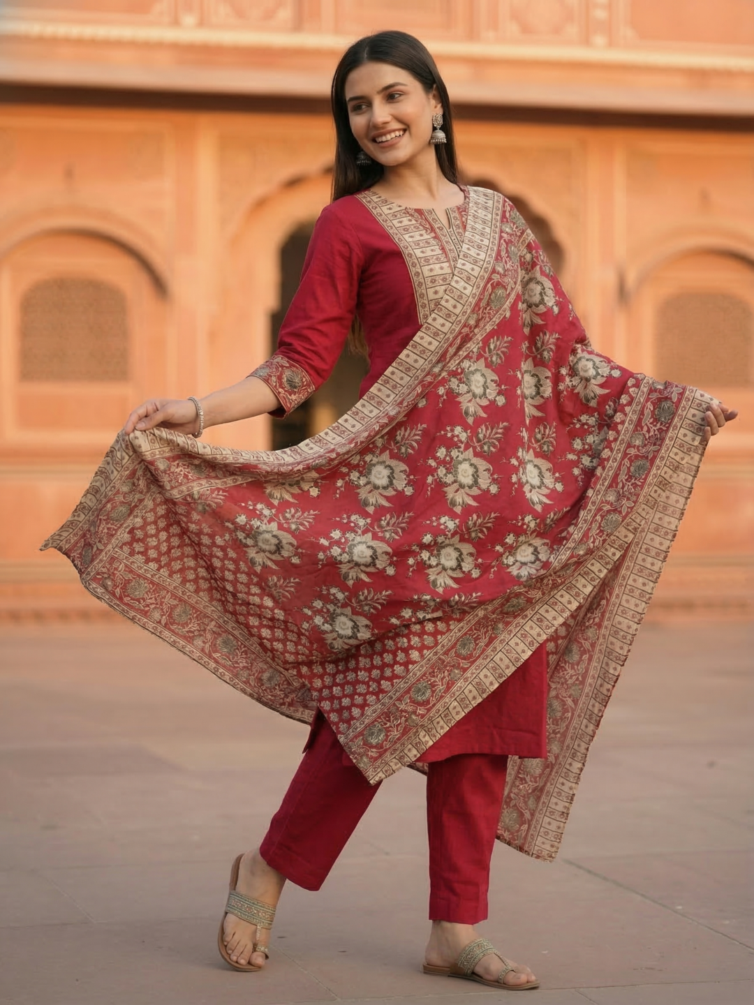 Floral Printed Embroidered Straight Kurta with Pant and Dupatta - Rani
