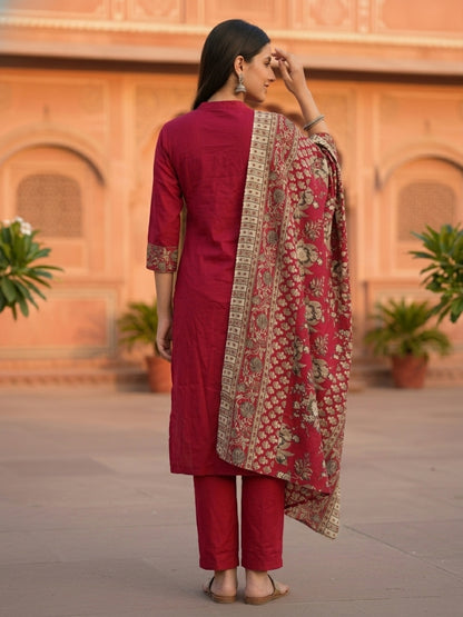 Floral Printed Embroidered Straight Kurta with Pant and Dupatta - Rani