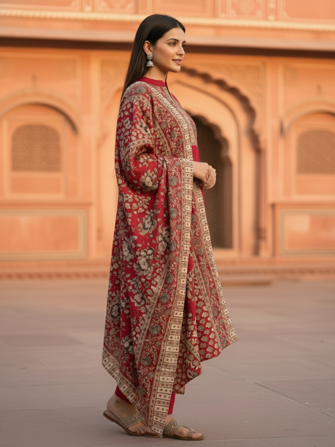 Floral Printed Embroidered Straight Kurta with Pant and Dupatta - Rani
