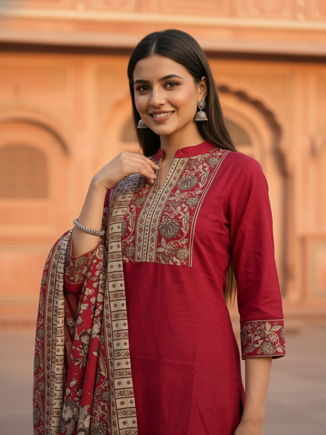 Floral Printed Embroidered Straight Kurta with Pant and Dupatta - Rani