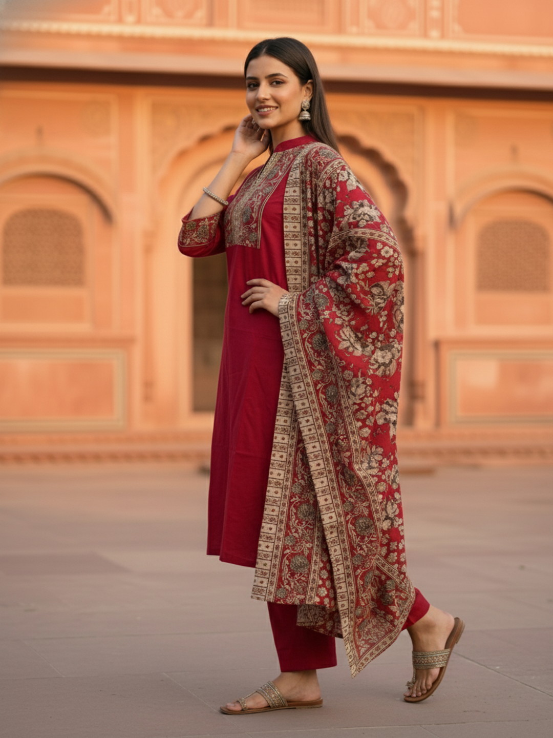 Floral Printed Embroidered Straight Kurta with Pant and Dupatta - Rani