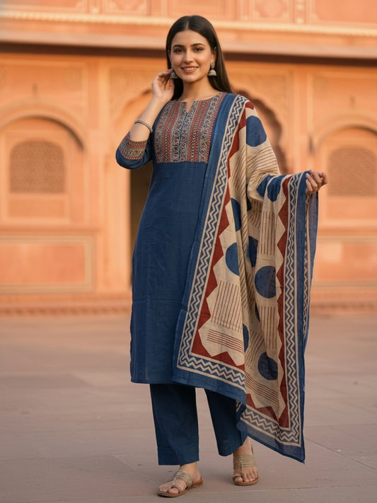 Printed Yoke Straight Kurta with Pant & Geometric Dupatta - Navy Blue