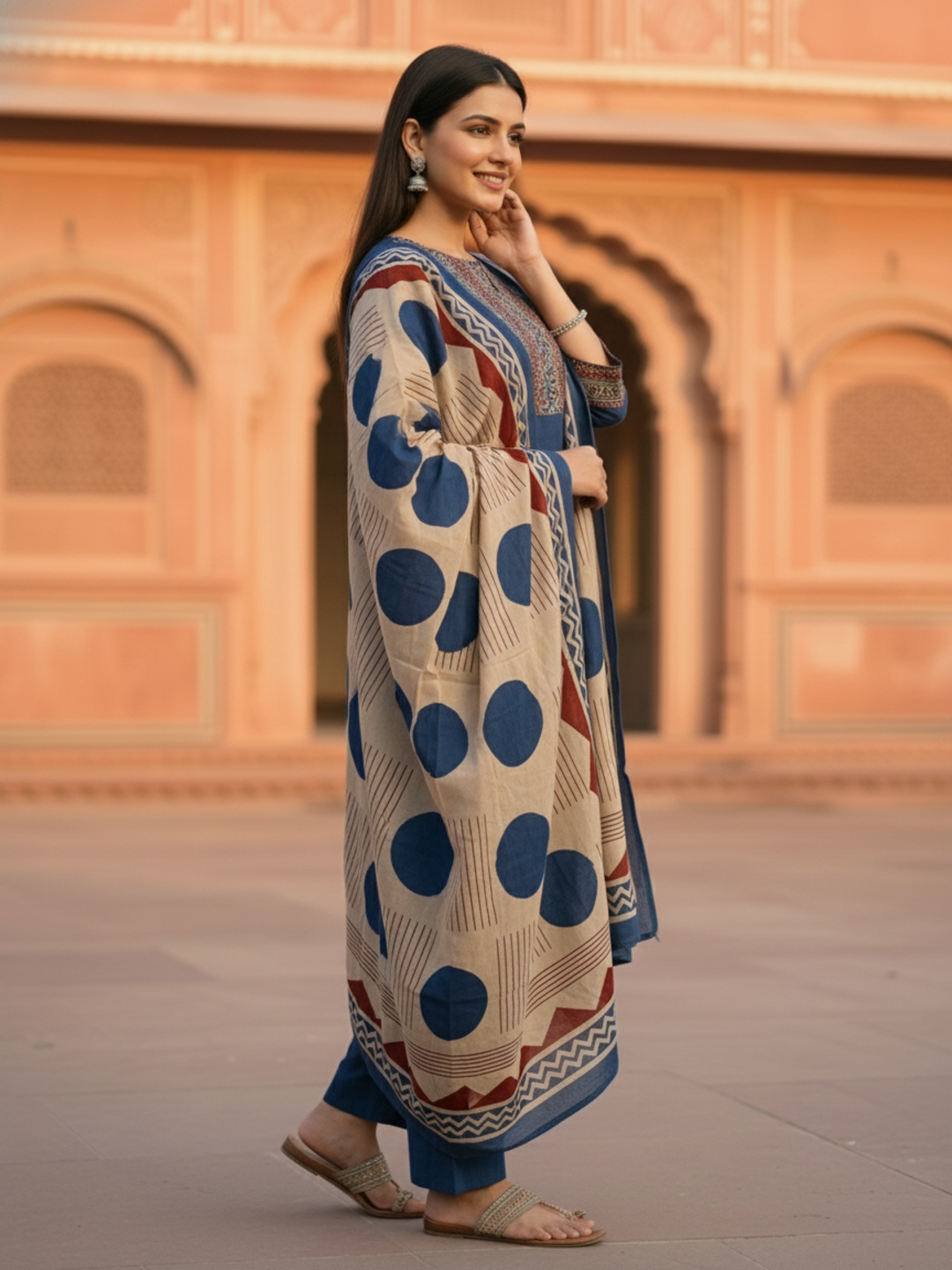 Printed Yoke Straight Kurta with Pant & Geometric Dupatta - Navy Blue