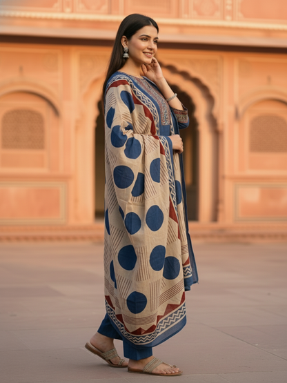 Printed Yoke Straight Kurta with Pant & Geometric Dupatta - Navy Blue
