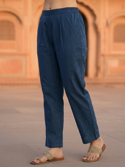 Printed Yoke Straight Kurta with Pant & Geometric Dupatta - Navy Blue