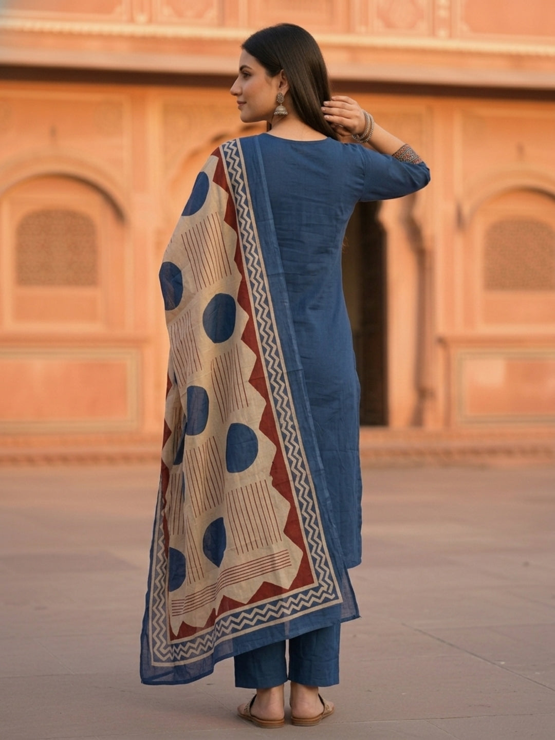 Printed Yoke Straight Kurta with Pant & Geometric Dupatta - Navy Blue