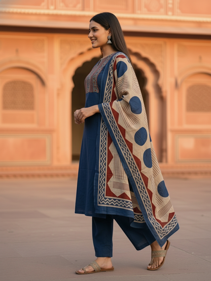 Printed Yoke Straight Kurta with Pant & Geometric Dupatta - Navy Blue