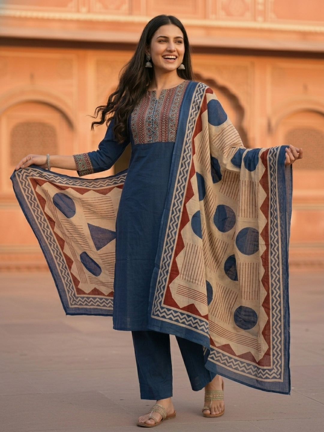 Printed Yoke Straight Kurta with Pant & Geometric Dupatta - Navy Blue