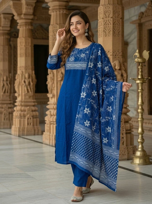 Floral Printed Embroidered Straight Kurta with Pant and Dupatta - Blue