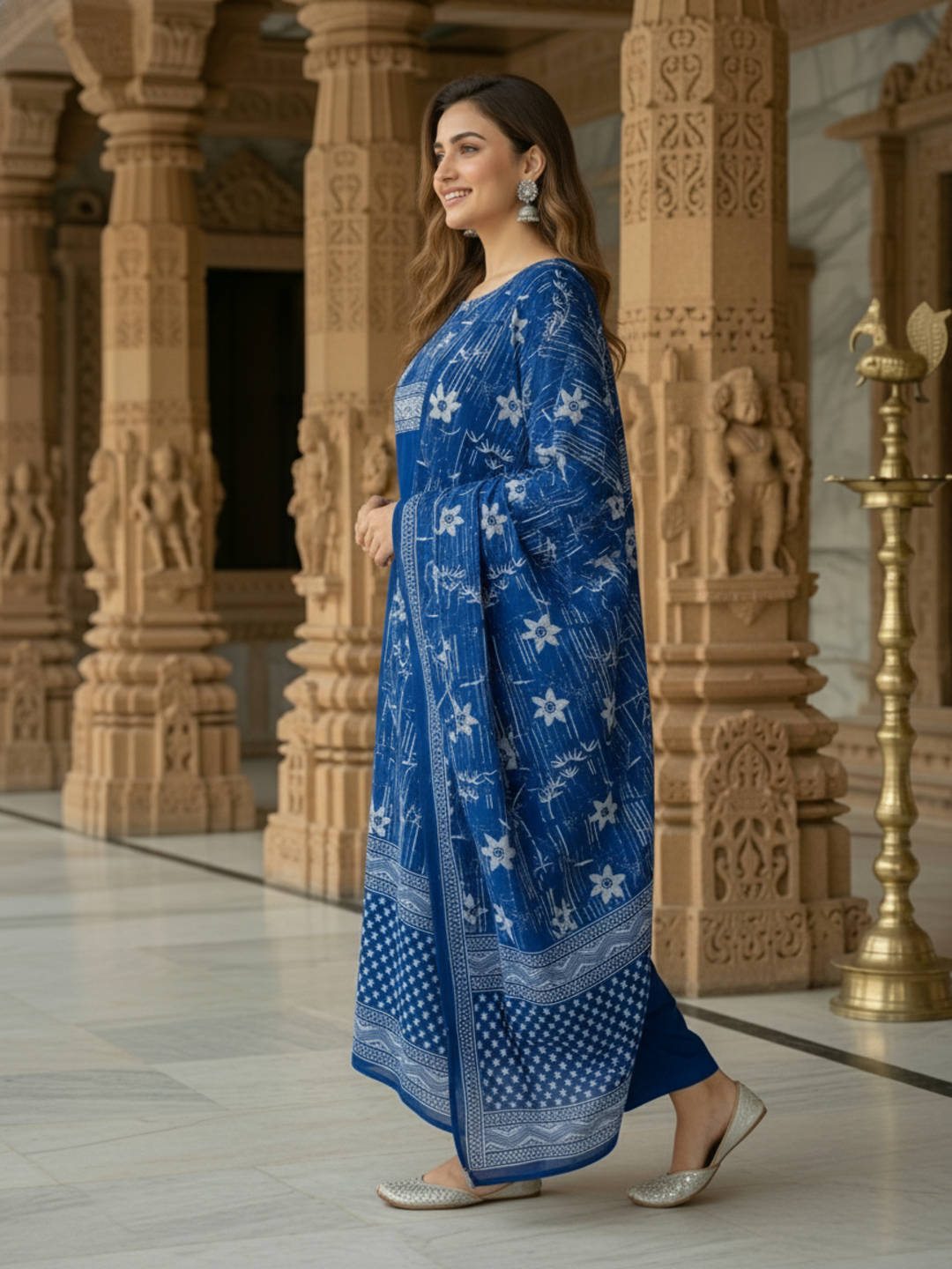 Floral Printed Embroidered Straight Kurta with Pant and Dupatta - Blue