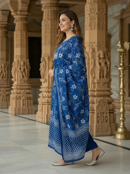 Floral Printed Embroidered Straight Kurta with Pant and Dupatta - Blue