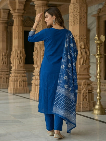 Floral Printed Embroidered Straight Kurta with Pant and Dupatta - Blue