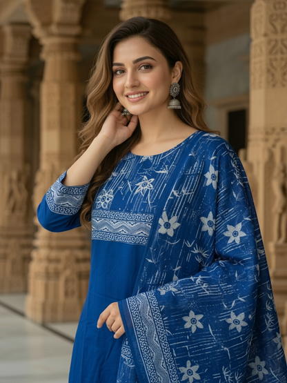 Floral Printed Embroidered Straight Kurta with Pant and Dupatta - Blue