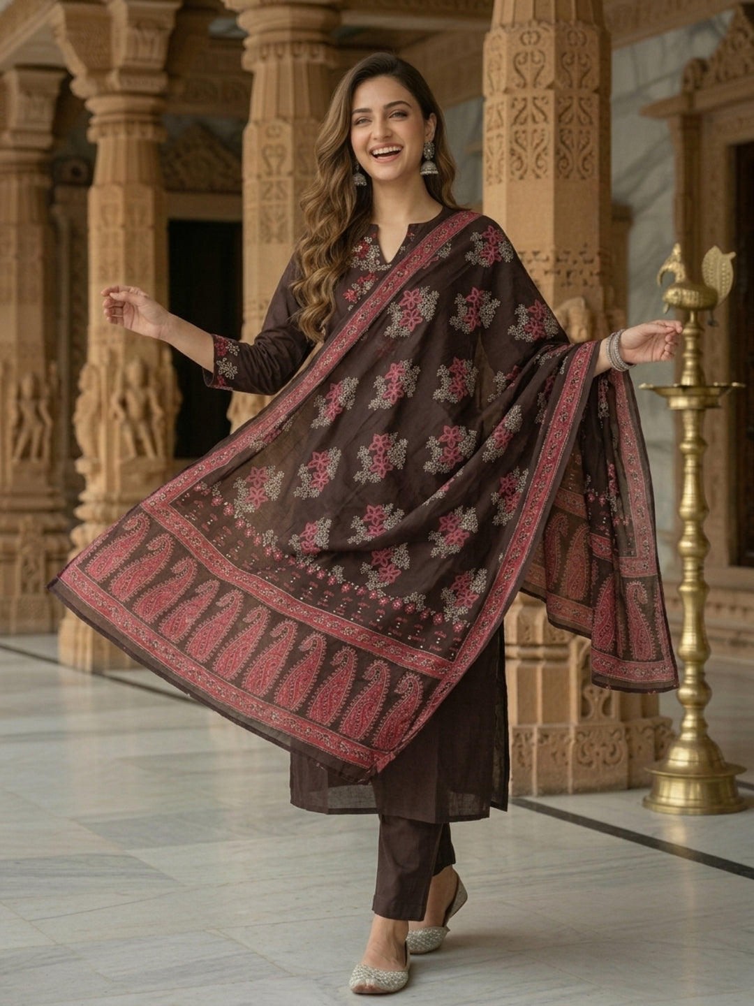 Floral Printed Embroidered Anarkali with Pant & Dupatta - Coffee Brown