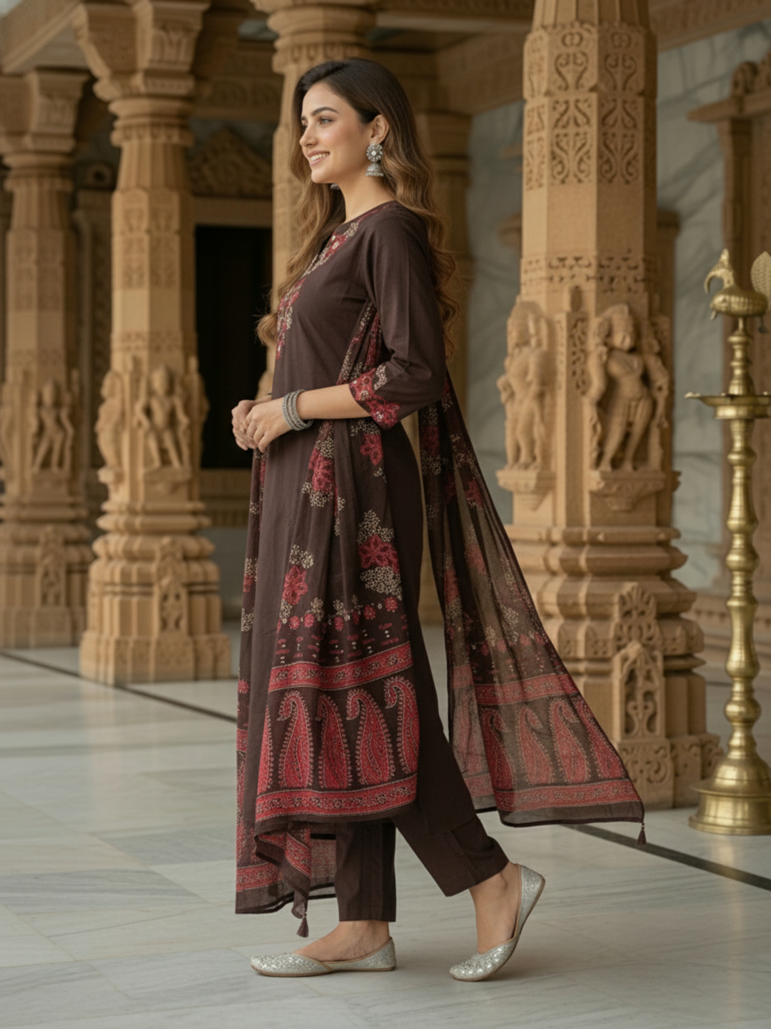 Floral Printed Embroidered Anarkali with Pant & Dupatta - Coffee Brown